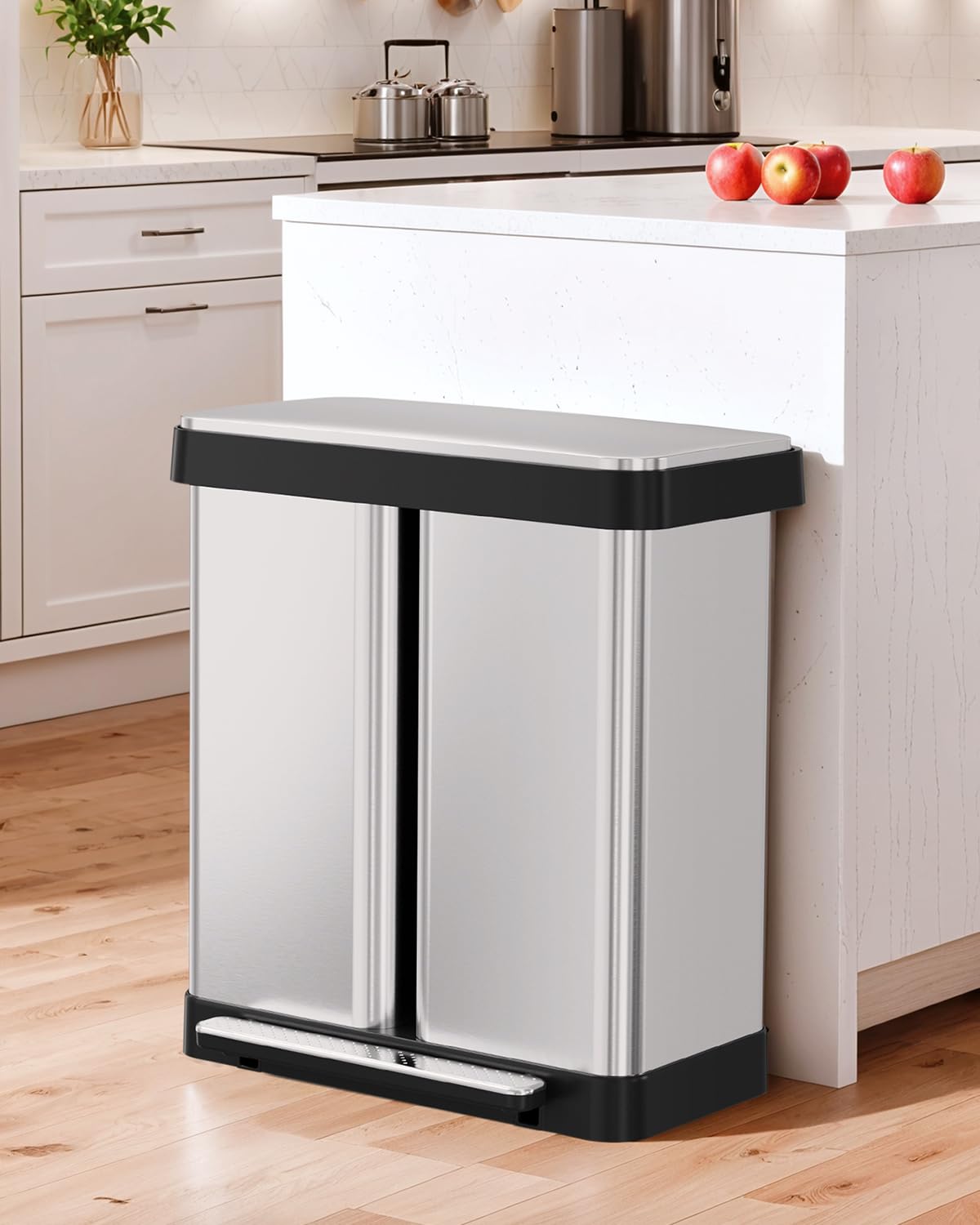 Arlopu 16 Gallon Dual Trash Can, 60L(2x30L) Stainless Steel Kitchen Garbage Can, Step-on Classified Recycle Garbage Bin with Removable Inner Buckets, for Kitchen, Living Room, Office (Silver)