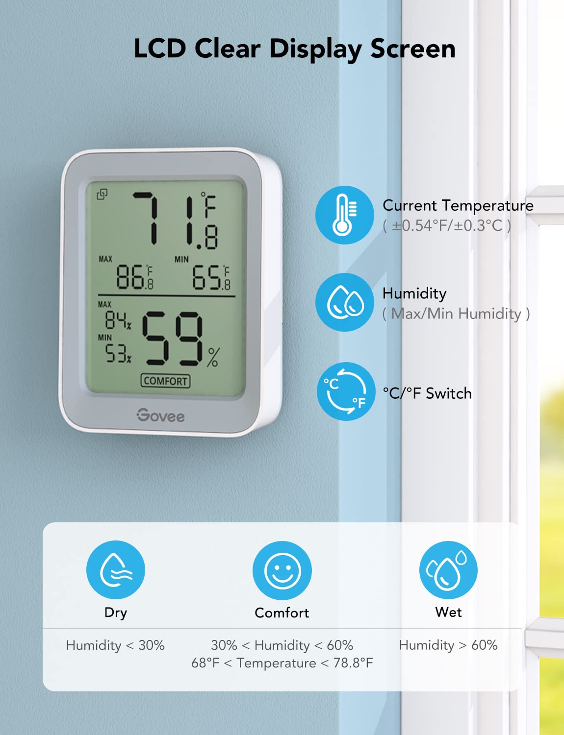 Govee Indoor Hygrometer Thermometer 3 Pack, Bluetooth Humidity Temperature Gauge with Large LCD Display, Notification Alert with Max Min Records, 2 Years Data Storage Export, Grey