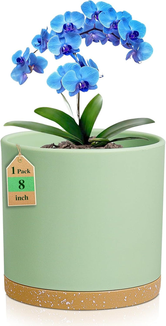8 Inch Medium Flower Pots for Indoor Outdoor Plants, Cylinder Deep Plant Pots with Drainage Holes & Saucer, Decorative Plastic Planter Pots for Garden House Plants, Green with Brown