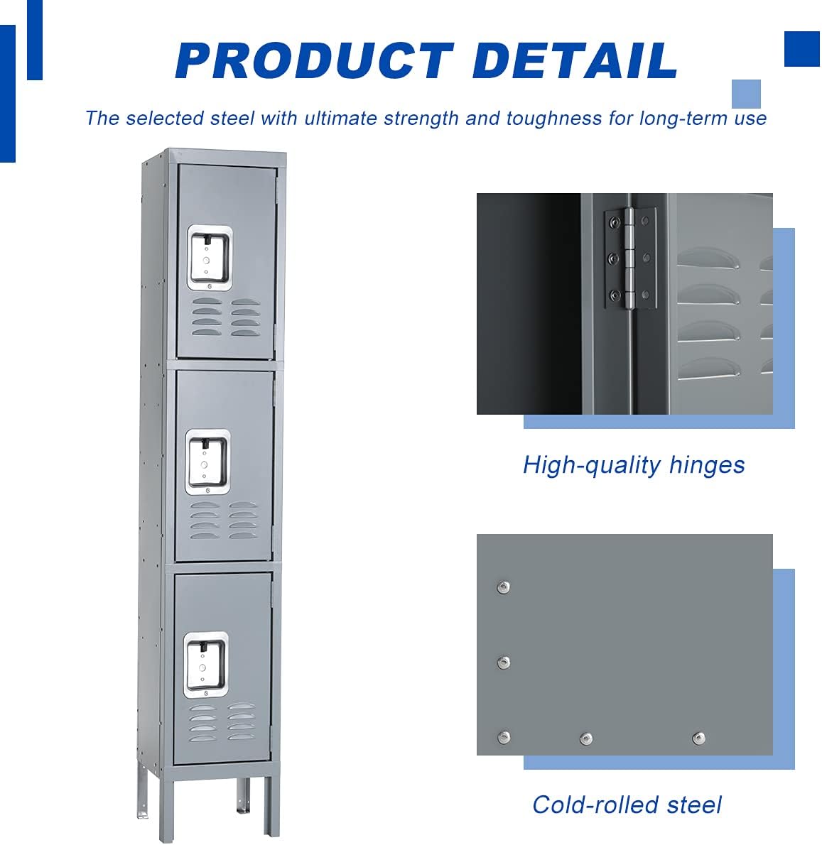 Bonusall Metal Locker for Employees, Office Storage Lockers 3-Tier Steel Lockers for School Gym Locker Compartment Home Office 3 Doors Grey