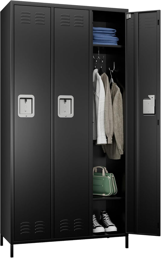METAN Metal Locker for School Office Gym Bedroom,3 Doors Steel Storage Locker Cabinet for Employees,Industrial Storage Locker with 2 Shelves,Assembly Required (3 Door-Black)