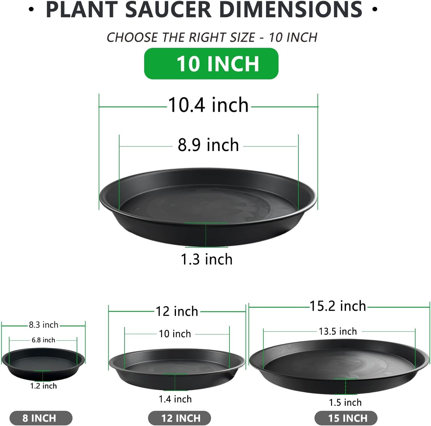 6 Pack 10 Inch Black Round Plant Saucers, Thick PP Plastic Pot Trays for Large Planters, Durable Flower Pot Water Catcher Plates & Drip Trays for Indoor Outdoor Gardening