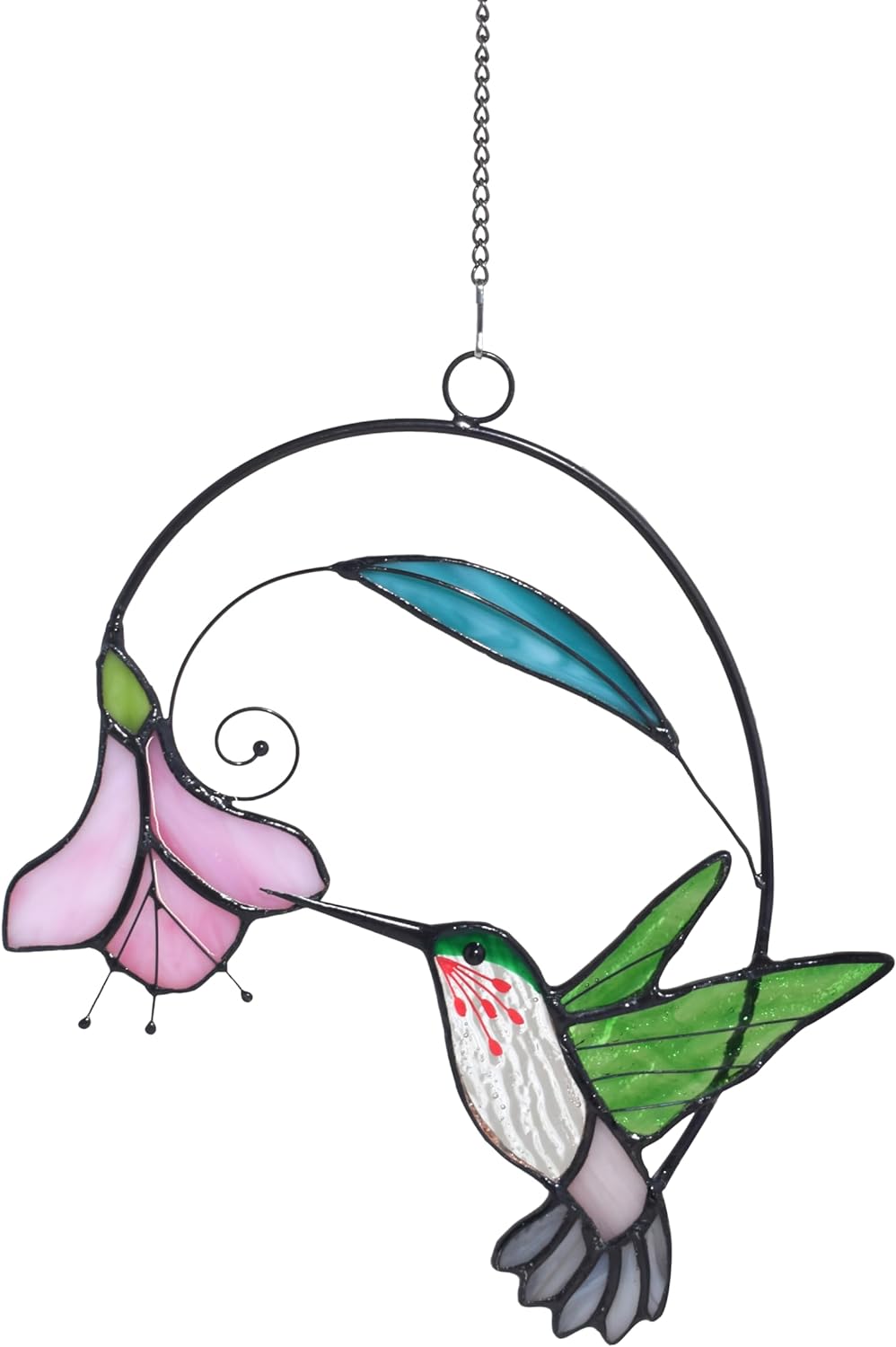Lolitarcrafts Stained Glass Hummingbird Window Hangings with Flowers, Bird Stained Glass Suncatcher for Window Decor Hummingbird Gifts for Mom,Bird Lovers (Green with Flower A)