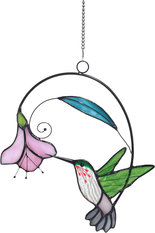 Lolitarcrafts Stained Glass Hummingbird Window Hangings with Flowers, Bird Stained Glass Suncatcher for Window Decor Hummingbird Gifts for Mom,Bird Lovers (Green with Flower A)