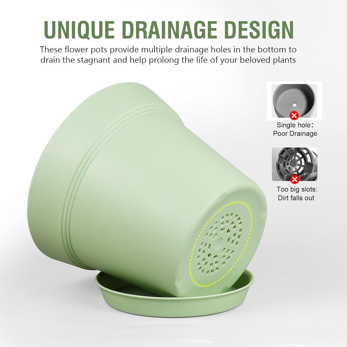 6 inch Plastic Nursery Pots, 16 Pack Plant Pots for Small Indoor Outdoor Plants, Flower Pots with Drainage Holes and Saucers, Decorative Seeding Starter Planters for Houseplants, Green