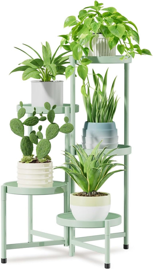 iDavosic.ly 5 Tier Large Plant Stand Indoor, 10 Inch Wide Corner Tall Metal Plant Stands Outdoor for Multiple Plants, Folding Tiered Flower Display Holder Rack Shelf, Light Green