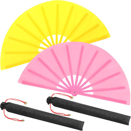 Maitys 2 Packs Large Clap Fans for Line Dancing Large Chinese Folding Hand Fans for Men and Women, Festival, Tai Ji, Kungfu, Martial Art, Gifts (Pink and Yellow)