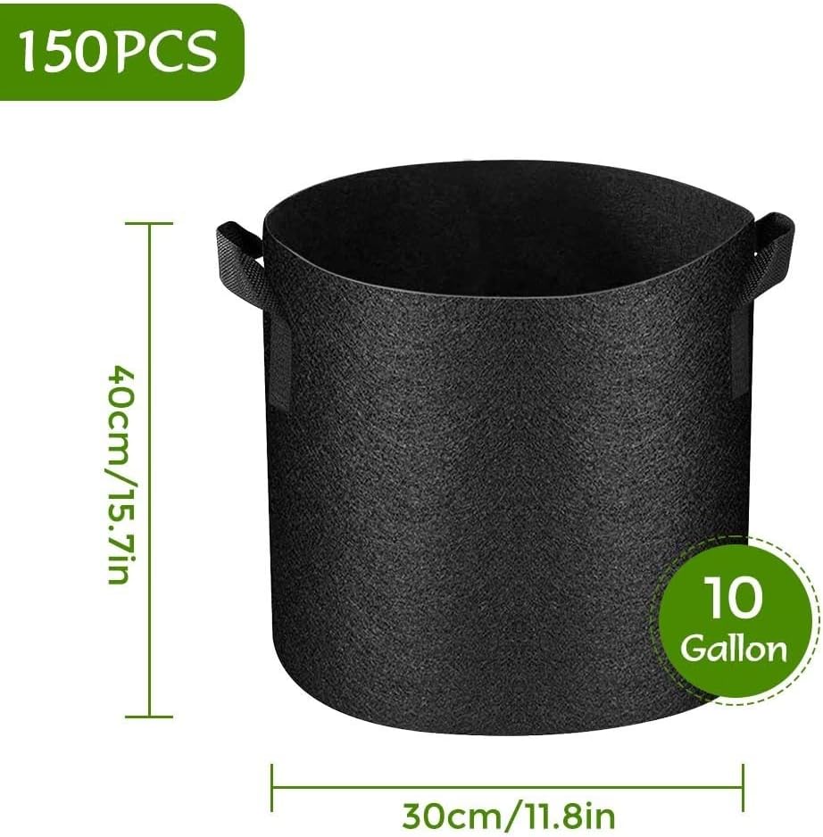150 Pack 10 Gallon Plant Grow Bags, Thickened Nonwoven Aeration Fabric Pots with Handles, Aeration Garden Cloth Planter Bag for Outdoor Fruits, Vegetables and Flowers