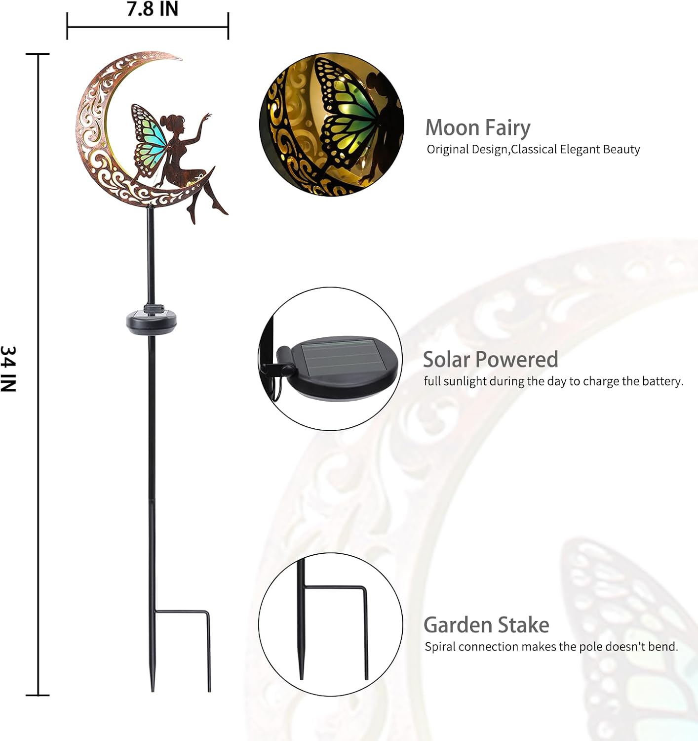 Bshine Moon Solar Light Outdoor Garden Decoration,2 Pack Moon Fairy Garden Statue Outdoor Decor,Metal Waterproof Light Stake for Patio, Path, Yard and Lawn Ornament, Housewarming Gift for Mom