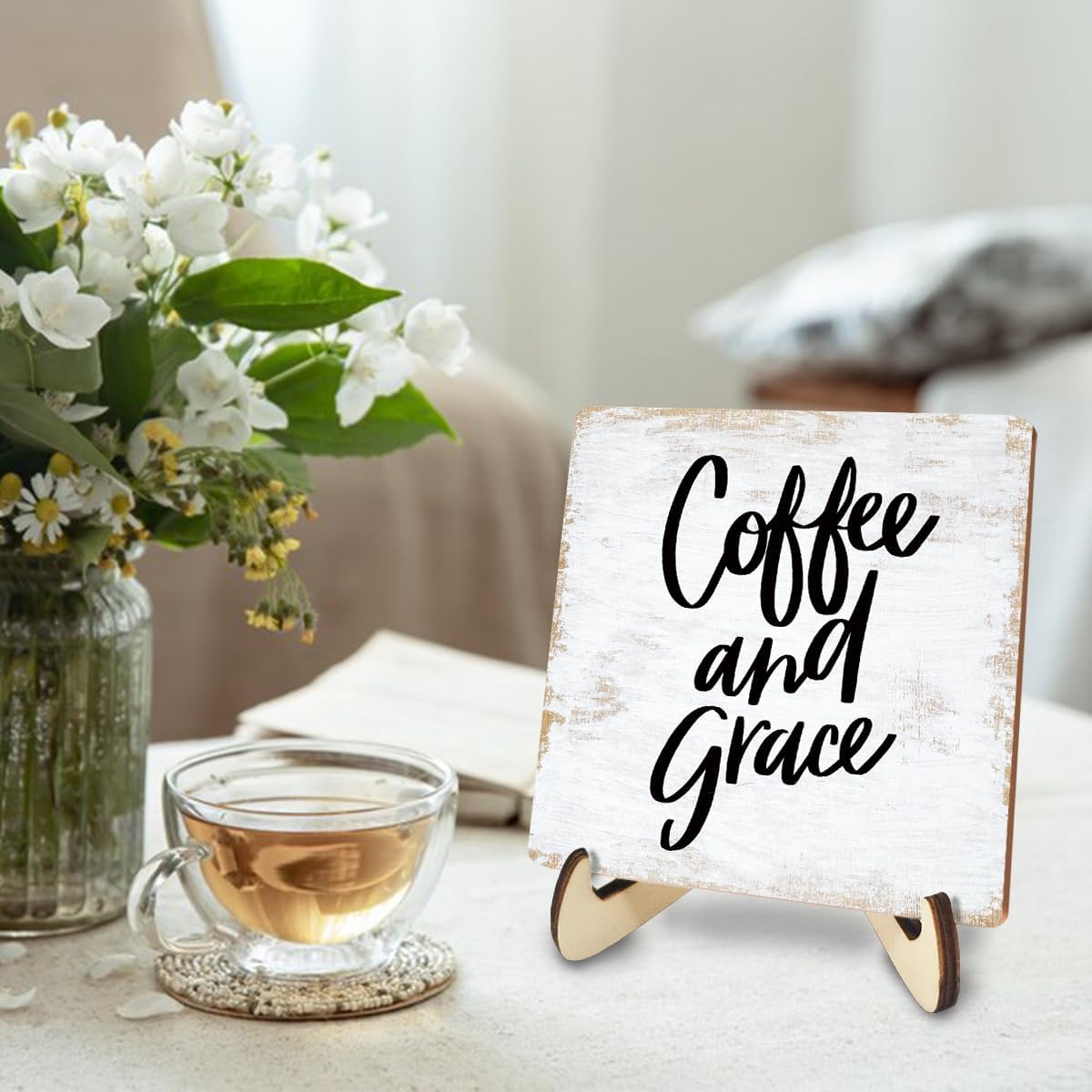 Motivational Wood Sign Rustic Desk Decor Office Desk Accessories Decorative Positive Christian Religious Bible Verse Faith Decorations Office Decor Shelf Table Home Farmhouse Plaque with Wood Stand