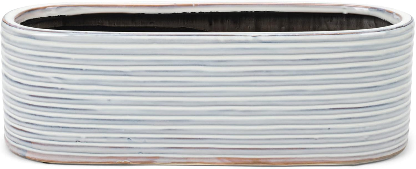 Napco Distressed White Ribbed Oval 15 x 6 Ceramic Table Top Planter