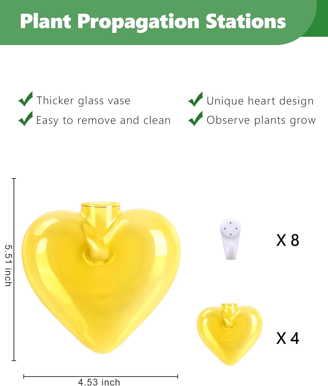 Nacome Wall Hanging Glass Planter Terrarium Plant Propagation Station, 4 Pack Heart Shape Vase for Hydroponic Home Office Garden Decor,Unique Gardening Gifts for Plant Lovers Women Mom(Yellow)