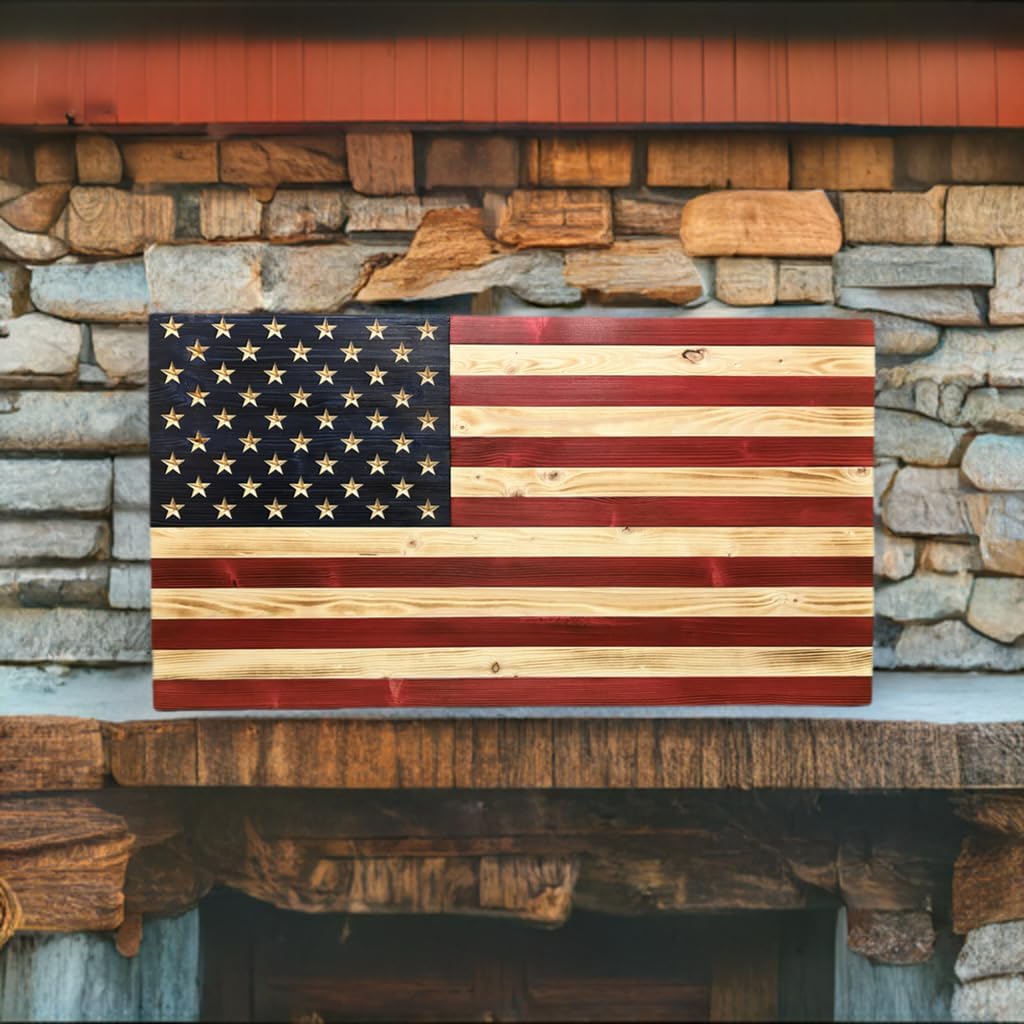 Rustic Wooden American Flag, Patriotic Wall Art (Weather Protected Finish, 26x47)