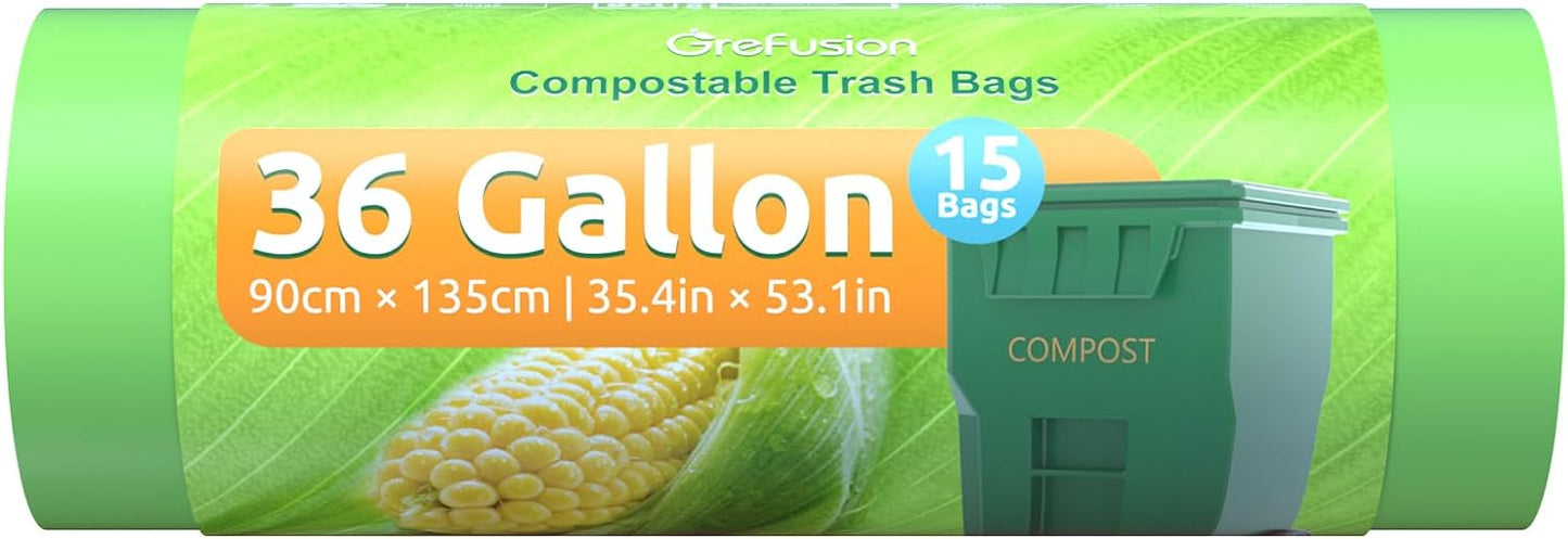 Compostable 36 gallon Trash Bags, Extra Thick 1.28 Mills, Compost 36 Gal Trash Bags (Kitchen Tall Garbage Bags), Compostable Lawn & Leaf Yard Waste bags,ASTM D6400,Bpi Certified