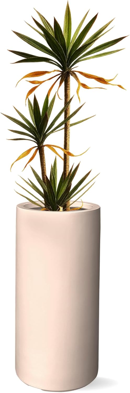 19.5" H x 9.8" D Tubo Fiberstone Cylinder Tall Planter with Drainage Hole, Smooth Finishes, for Indoor and Outdoor Use, Included 2 Extra Coco Mats (Kilim Beige, 8.2" Pot Opening)