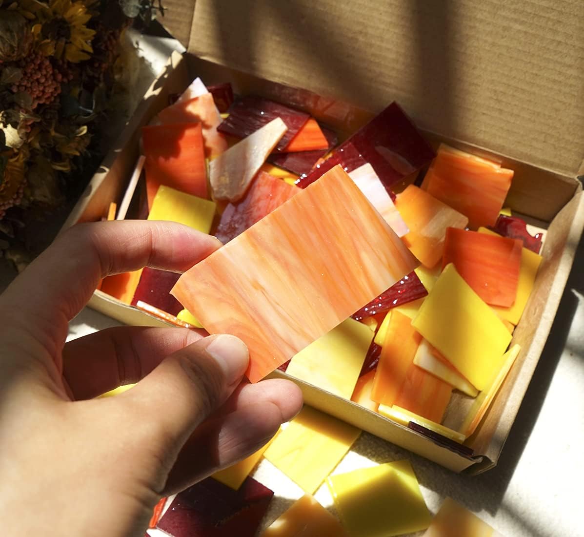 Lanyani Stained Glass Sheets Pieces, Glass Mosaics Tiles for Artwork and Crafts Art Projects, 35oz Value Pack, Flame