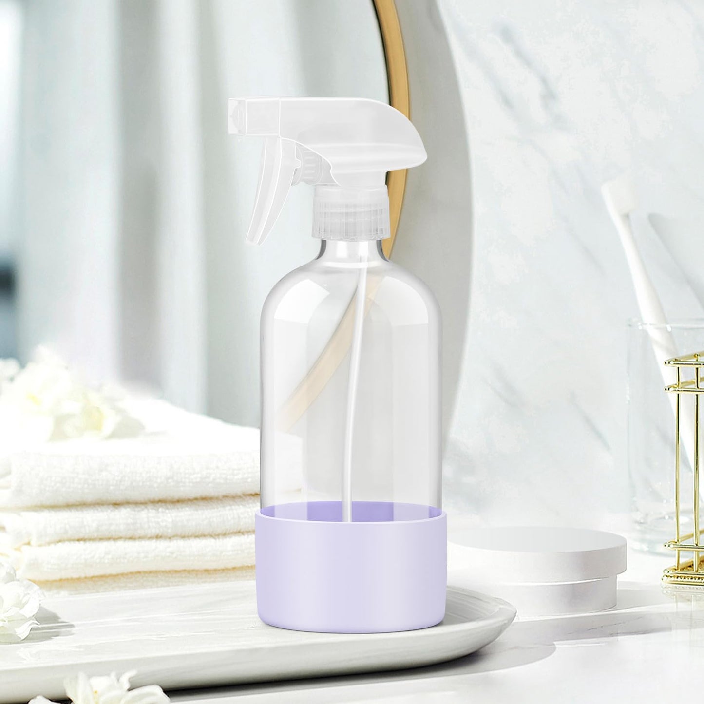 Glass Spray Bottles with Silicone Sleeve Protection, Empty 16 oz Refillable Containers, Reusable Spray Bottles with Adjustable Nozzle for Hair, Cleaning Solutions, 1 Pack Purple