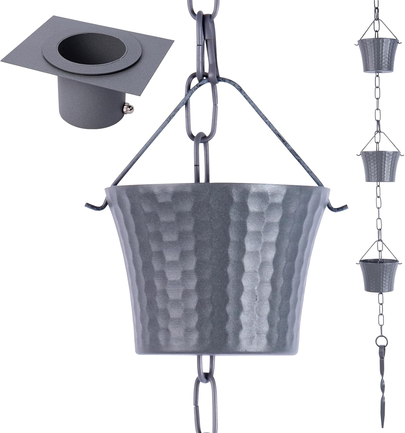 Rain Chain for Gutters with Adapter,Wrought Iron Rain Chains Set 8.5 Ft,Not Rust, Gotta Drain with Sturdy Anchoring Stake, 14 Cups, 1 Hook, Adjustable Gutter Downspout for Outdoor(Blue Gery)