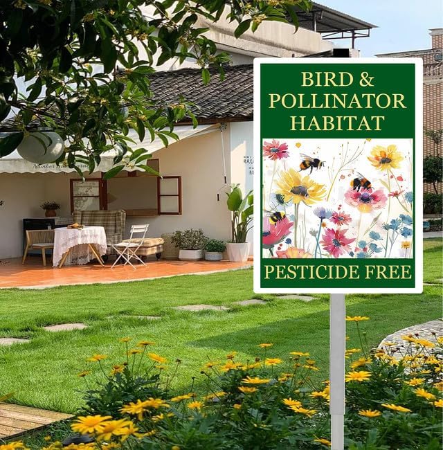 Bird and Pollinator Habitat Pesticide Free Yard Sign With Stakes 8X12 inches Rustproof Reflective Aluminum Pollinator Friendly Garden Sign Stand Bee Outdoor Decor