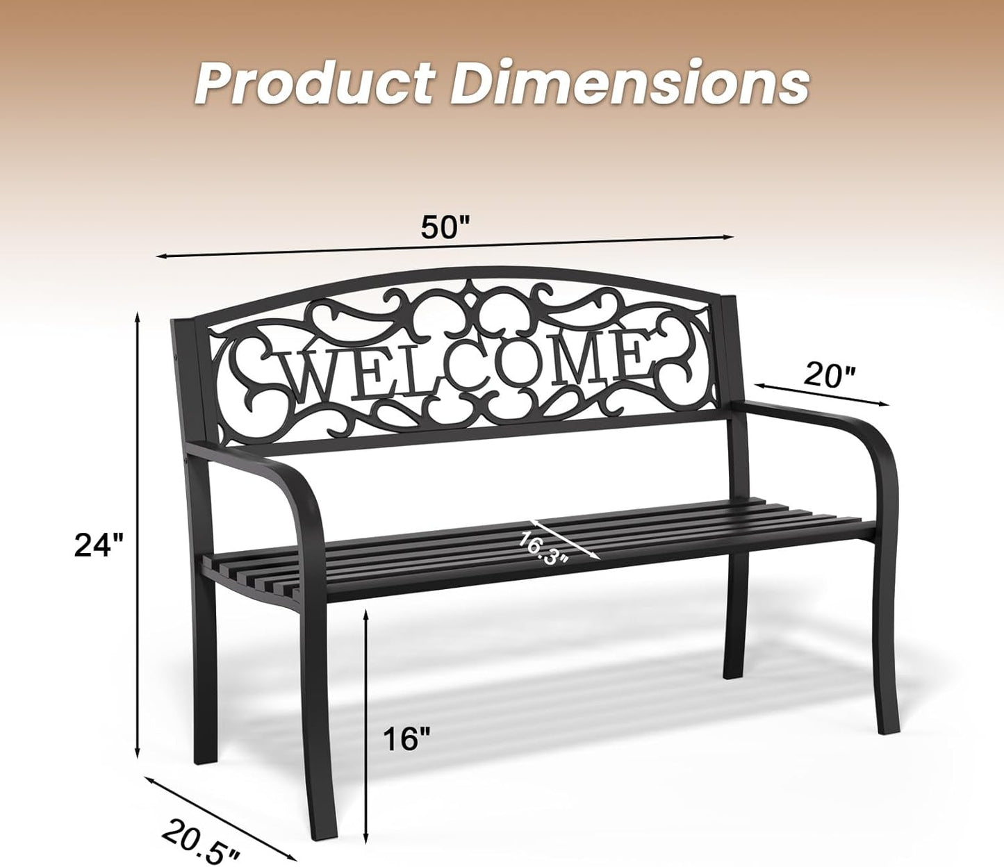 50'' Outdoor Garden Bench, Weatherproof Wrought Iron Metal Patio Bench with Mesh Pattern Backrest, for Front Porch, Park, Yard, Gardens