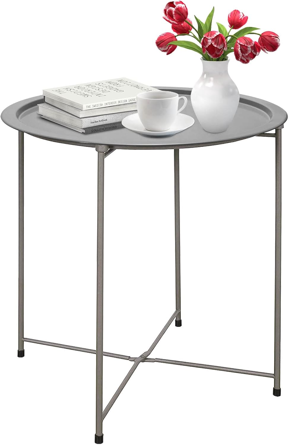 Garden 4 you End Table Metal Side Table Grey Round Folding Tray Cyan Sofa Small Accent Fold-able Table, Round End Table Tray, Next to Sofa Table, Snack Table for Living Room and Bed Room