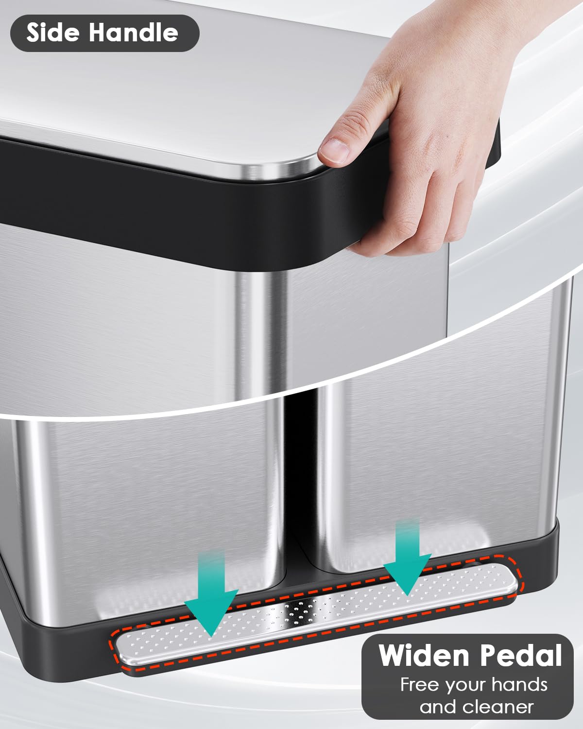 Arlopu 16 Gallon Dual Trash Can, 60L(2x30L) Stainless Steel Kitchen Garbage Can, Step-on Classified Recycle Garbage Bin with Removable Inner Buckets, for Kitchen, Living Room, Office (Silver)