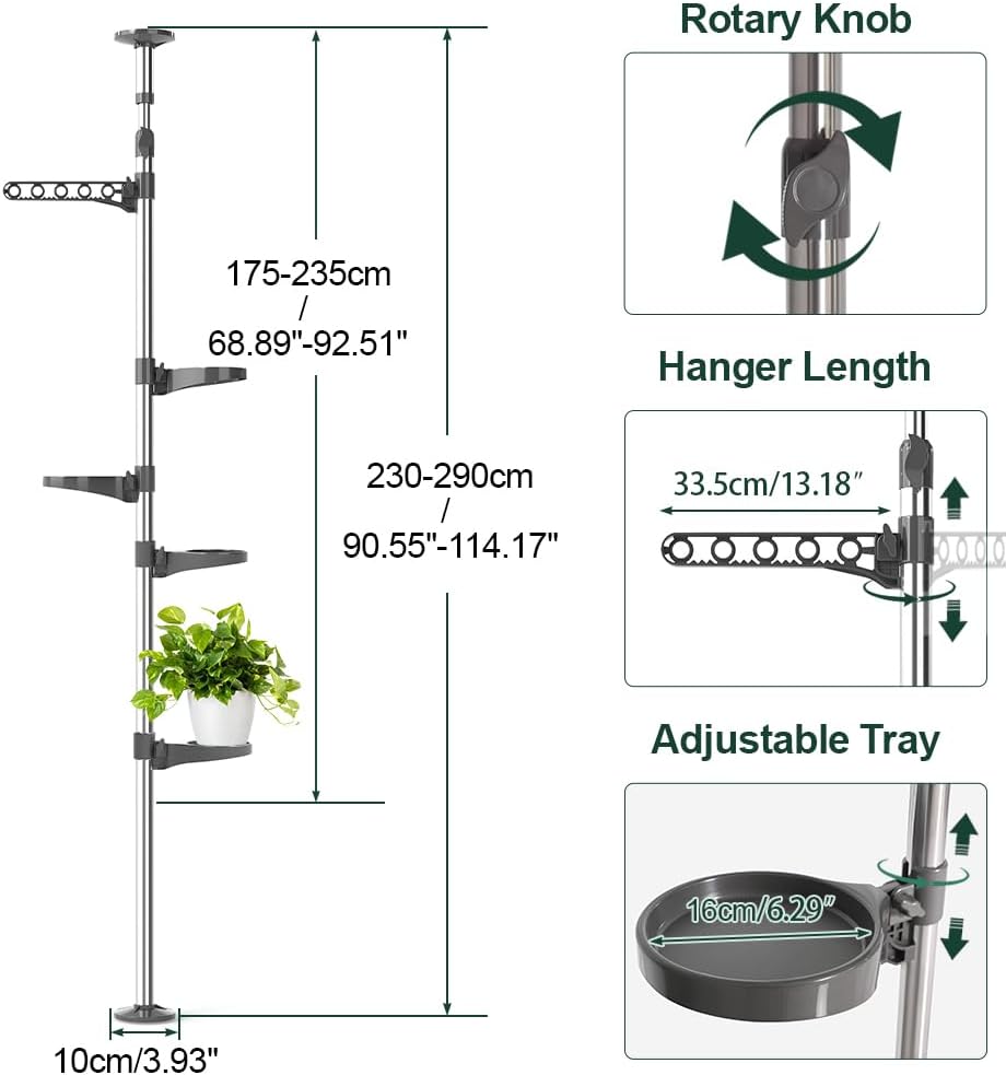 Hershii 5-Layer Indoor Plant Stand Pole Spring Tension Rod Corner Flower Display Rack Holder Adjustable Telescopic Floor to Ceiling Shelf Space Saving - Grey