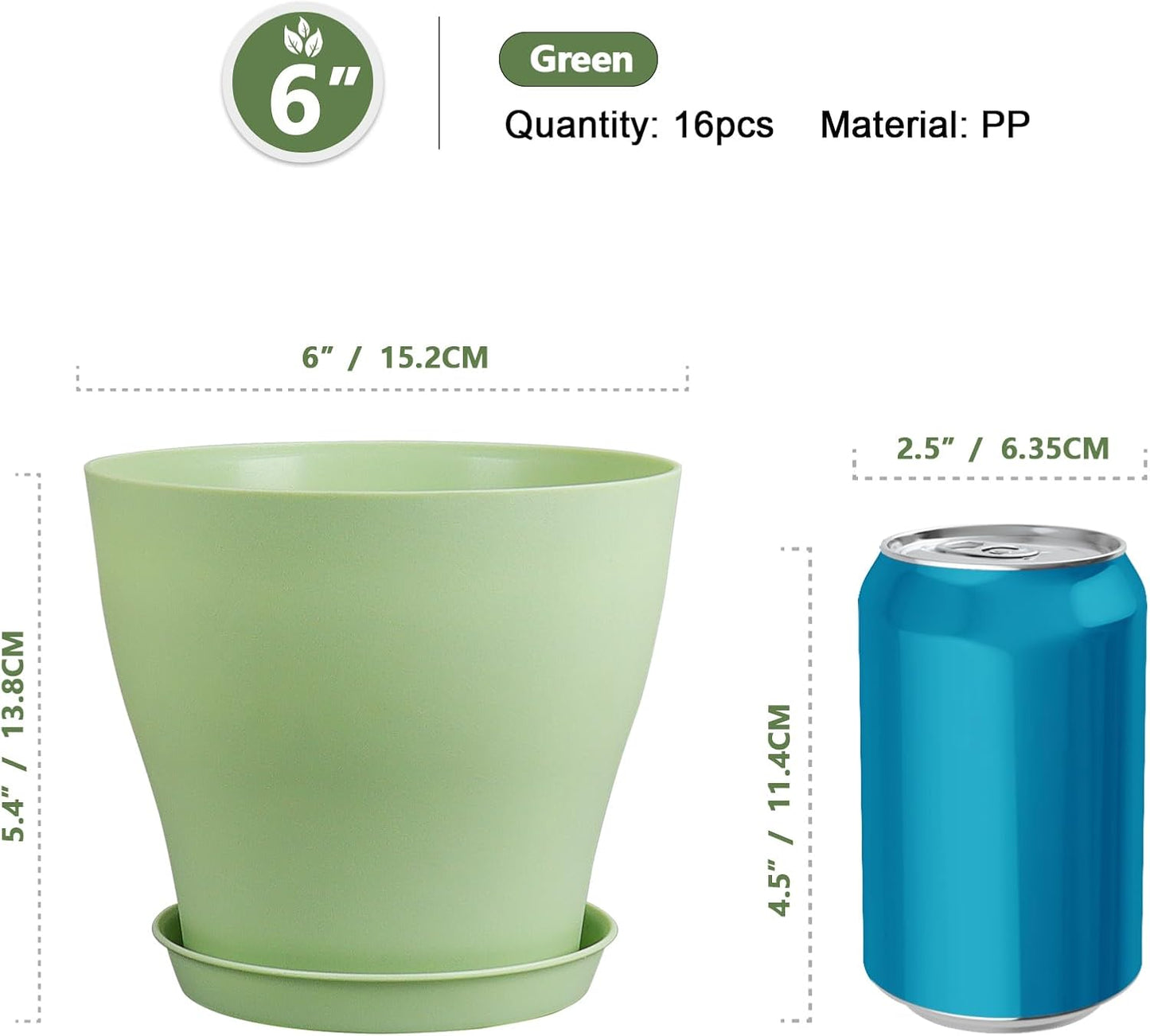 6 inch Plastic Nursery Pots,16 Pack Plant Pots for Small Indoor Outdoor Plants, Flower Pots with Drainage Holes and Saucers, Decorative Seedling Starter Planters for House Plants, Green
