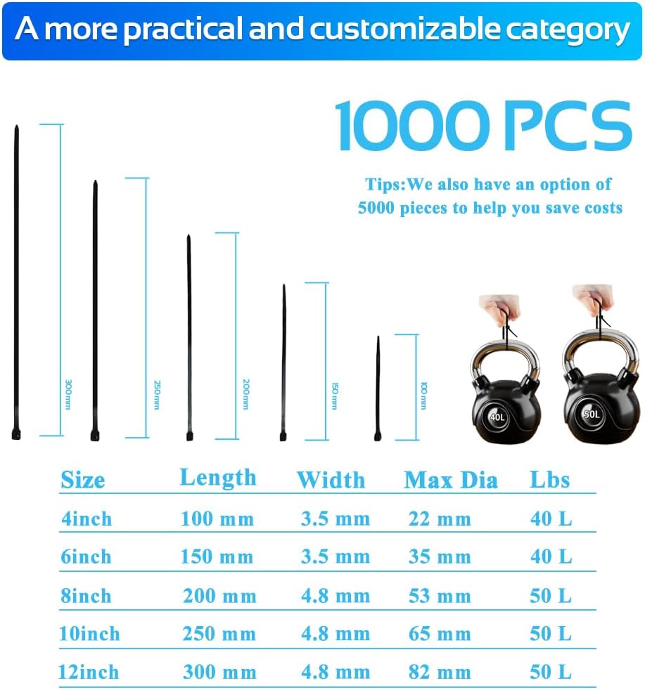 1000pcs 8Inch Nylon Zip Ties, 50 Pounds Tensile Strength, Black Cable Tie, Industrial Grade, UV Resistant,Heavy Duty,for Home,Garden Trellis,Office,Garage and Workshop