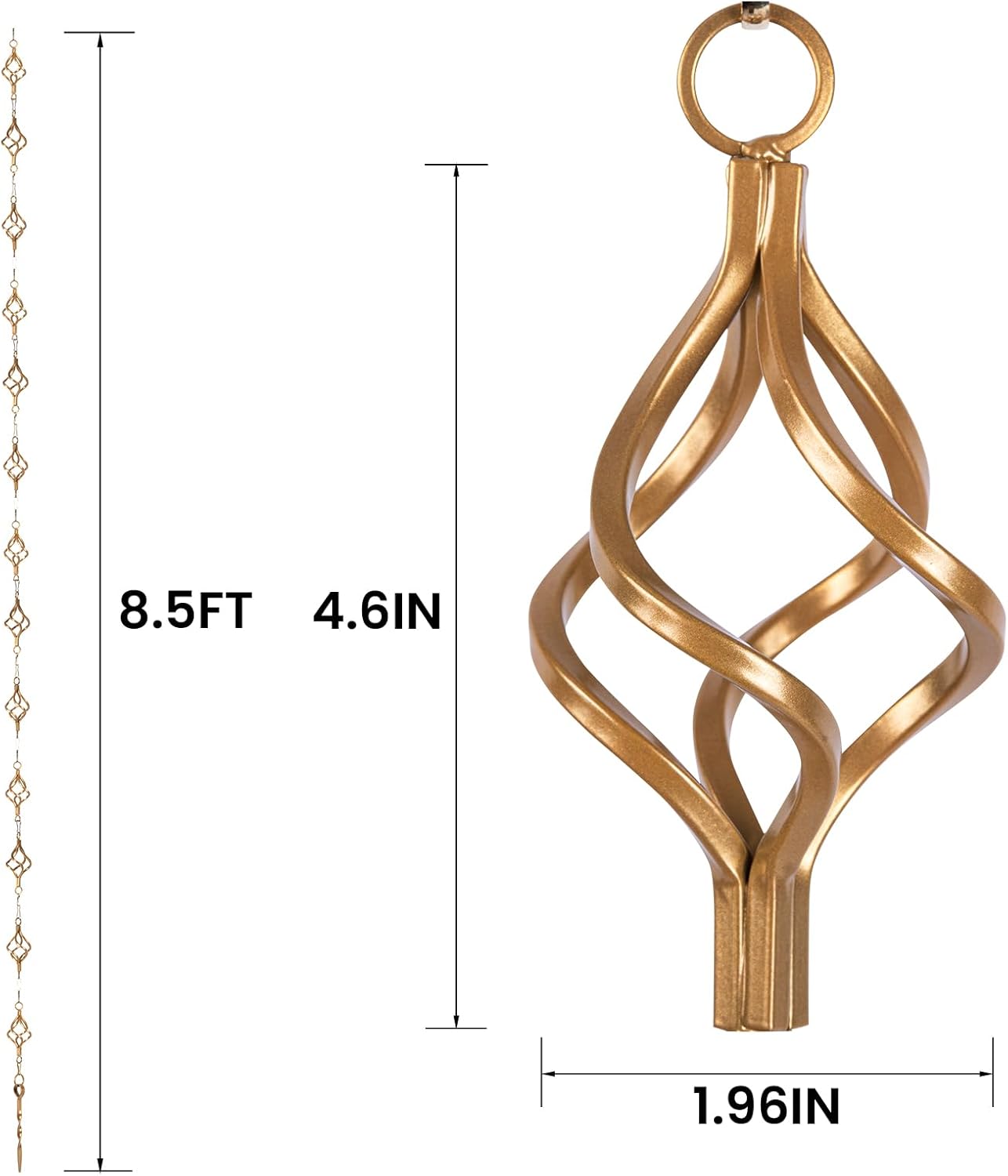 Rain Chain Bird Cage Set 8.5Ft, Not Rust Wrought Iron Rain Chains for Gutters with Adapter Gotta Drain and Rain Sturdy Anchoring Stake,13 Birdcage, 1 Hook, Adjustable Length for Garden (Gold)