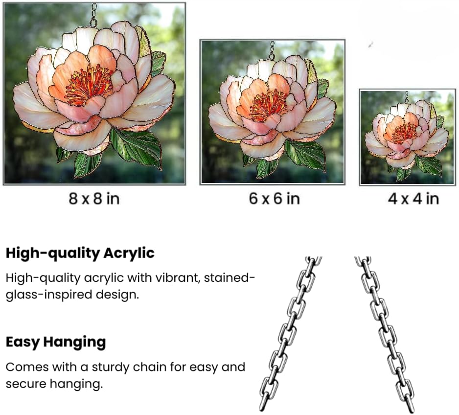 Peony Birth Flower Acrylic Suncatcher Faux Stained Glass Window Hanging Birthday Gift Floral Gift for Plant Lovers