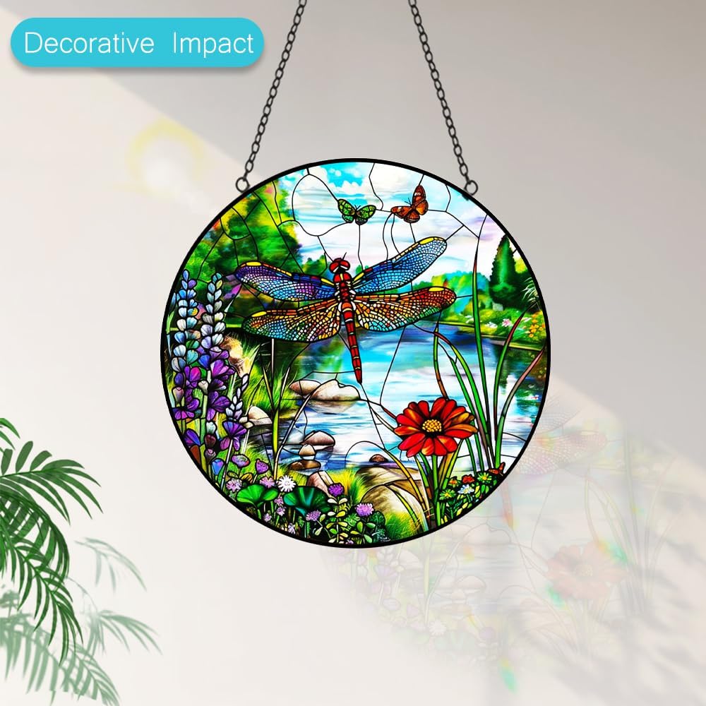 Dragonfly Suncatcher Stained Glass Window Hanging - 8″ Handmade Stained Glass Suncatchers for Windows Hanging - Sun Catchers Indoor Wall Art Catcher for Home Garden Decor -Birthday Gift for Women Men