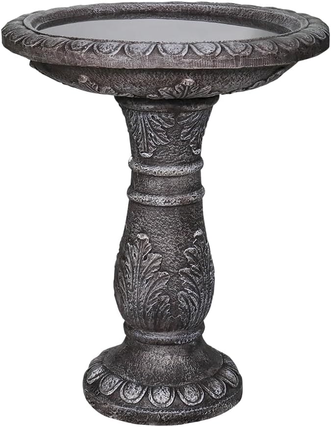 SunJet 24.4” H x 20” Dia Outdoor Birdbath with Intricate Floral Carvings Pedestal - Fibre Reinforced Concrete Birdbaths, Vintage Design for Garden Decor & Bird Attraction