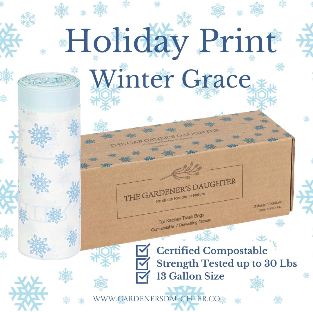 The Gardener's Daughter Compostable Trash Bags - 13 Gallon, 30 Count, Extra Strength, White, Drawstring Kitchen Waste Bag, BPI and TUV Certified, OK Home Compostable - (Winter’s Grace)