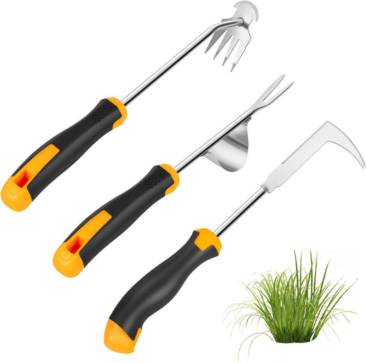Garden Uprooting Weeding Tools - 3 Pack Hand Held Weeder Puller Tool Set, Rubber Handle, Weed Remover for Garden Farm Weeding