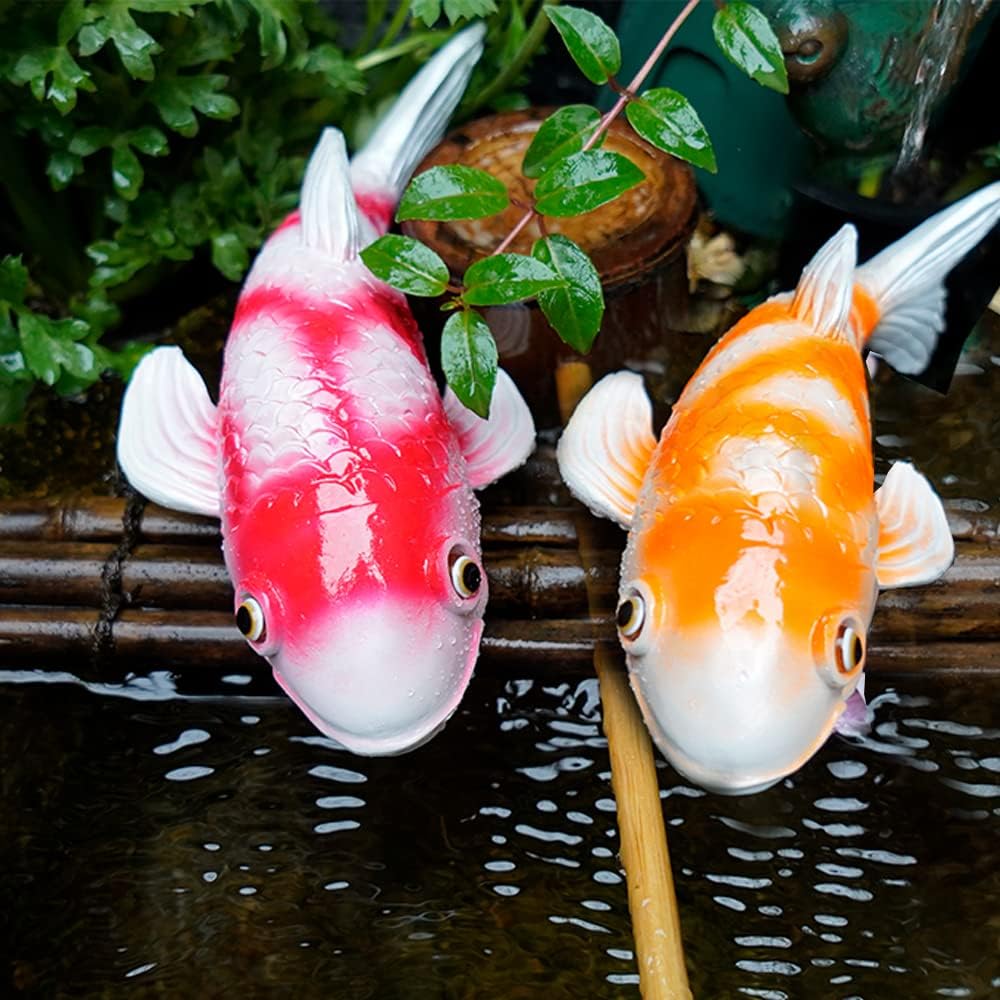 Set of 2 Solar Koi Fish Garden Statues - Ceramic Fish Sculptures for Outdoor Patio, Yard, Lawn & Balcony Decor - Waterproof Garden Ornaments with LED Lights