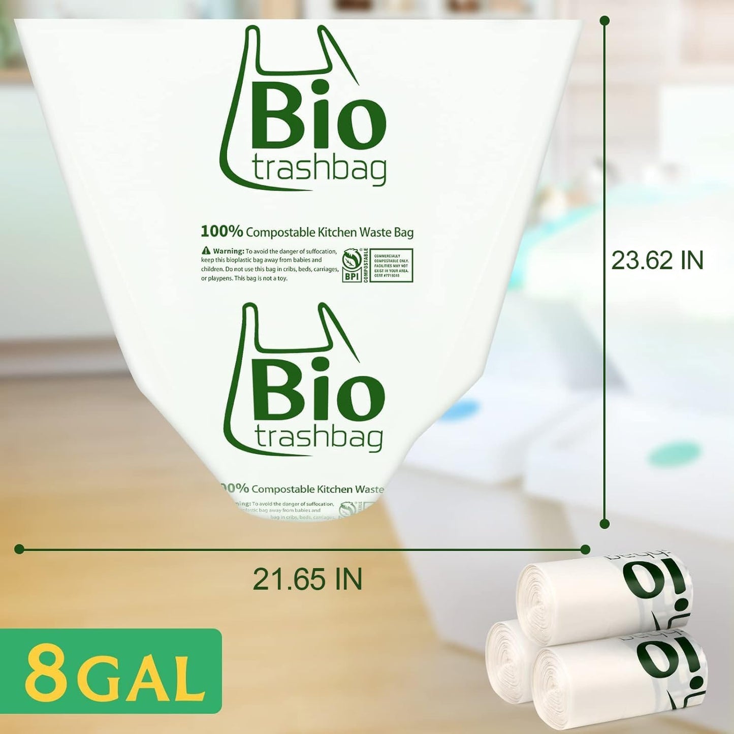 8 Gallon Compostable Trash Bags, 100 Count Flat-Top Trash Bags Biodegradable, Medium Small Food Scrap Waste Bags for Kitchen Bathroom Office Car, Extra Thick Compost Bags White