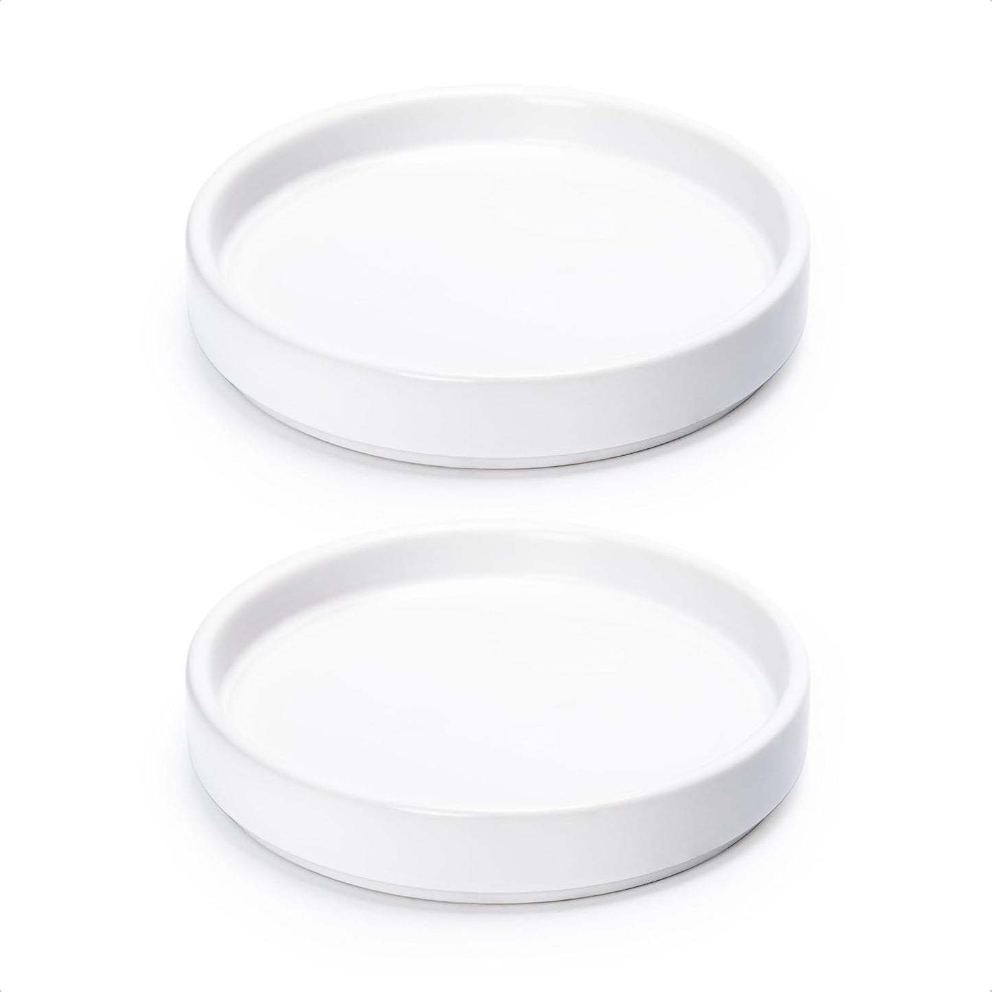 D'vine Dev Modern Round 5.4 Inch Ceramic Plant Pot Saucer, Planter Pot Drainage Tray for Indoor Plants, Set of 2, Matte White, 97-T-A-22