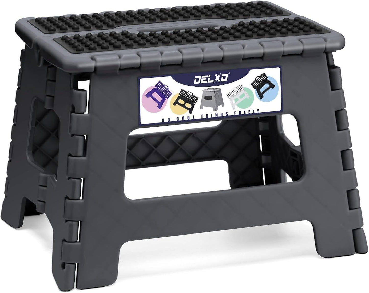 Delxo Folding Step Stool 9 Inch,Non-Slip Foldable Stools for Kids & Adults Up to 300 LBS,Kitchen Collapsible Fold Up Stepping Stool with Dotted 1 Pack,Gray