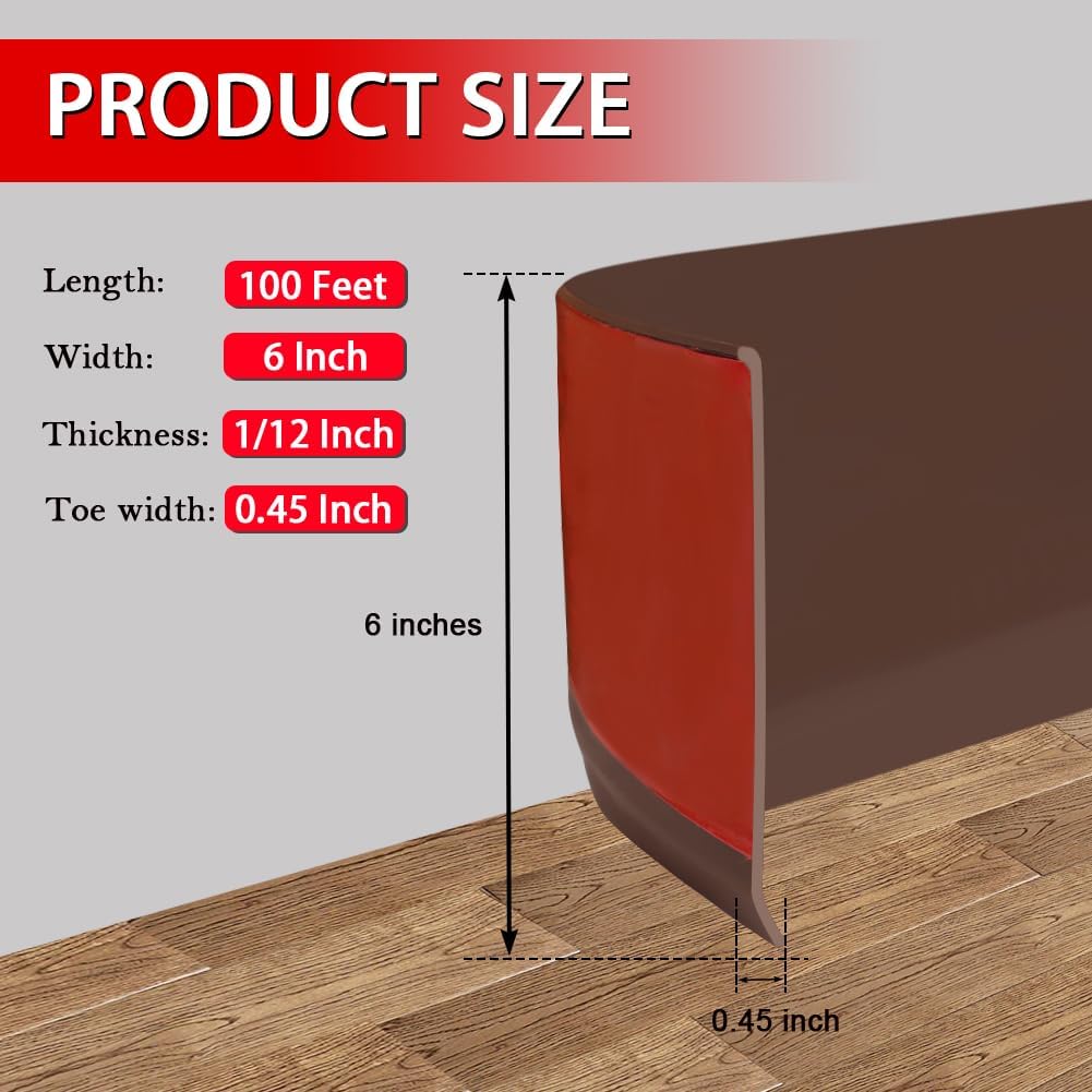 Vinyl Wall Base Baseboard Molding Trim 6" Flexible Self Adhesive Rubber Wall Base Moulding Trim Peel and Stick Design, 6 Inch x 100 Feet, Brown