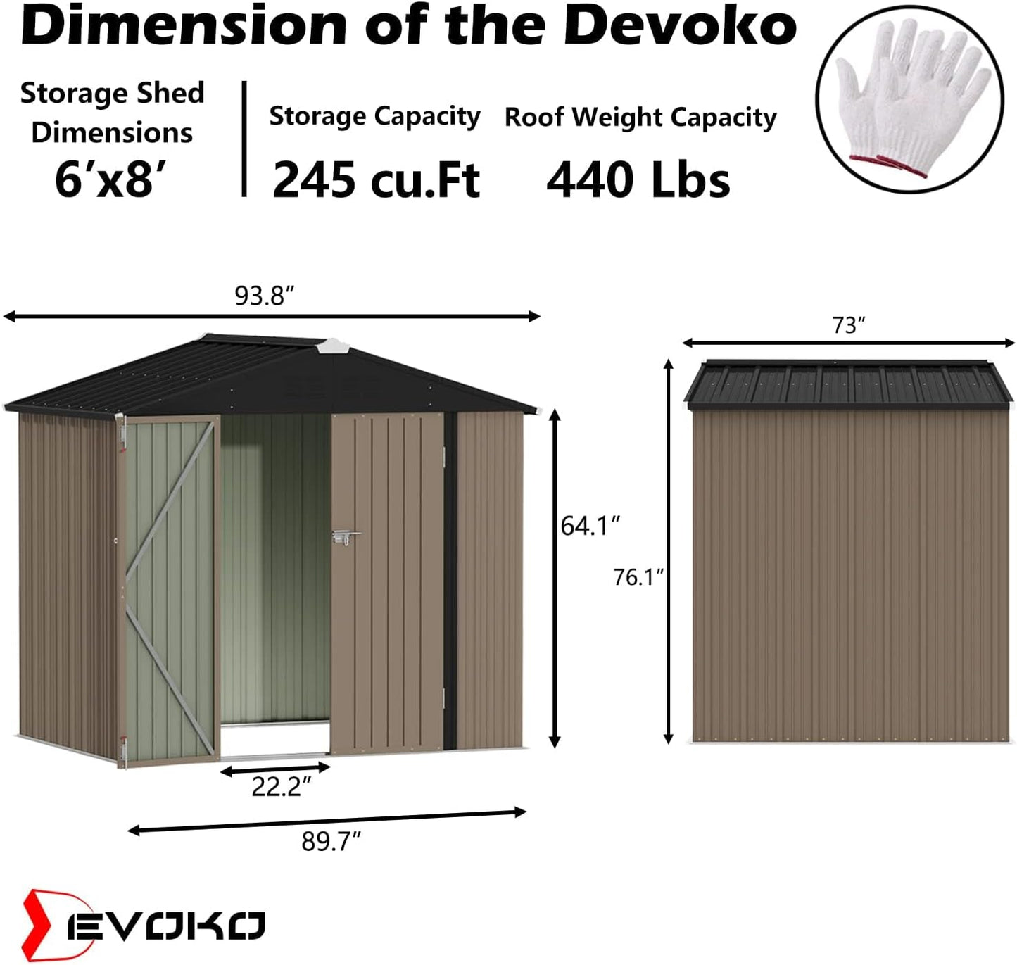 Devoko Outdoor Storage Shed 8 x 6 FT Lockable Metal Garden Shed Steel Anti-Corrosion Storage House with Single Lockable Door for Backyard Outdoor Patio (Brown)