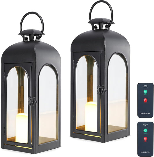 Bdor 2 Pack 16 Inches Metal and Tempered Glass Decorative Lantern with Electronic Wax Effect - Indoor/Outdoor Decorative Lighting, Handcrafted Aesthetic, Perfect for Home, Parties, and Holiday Decor