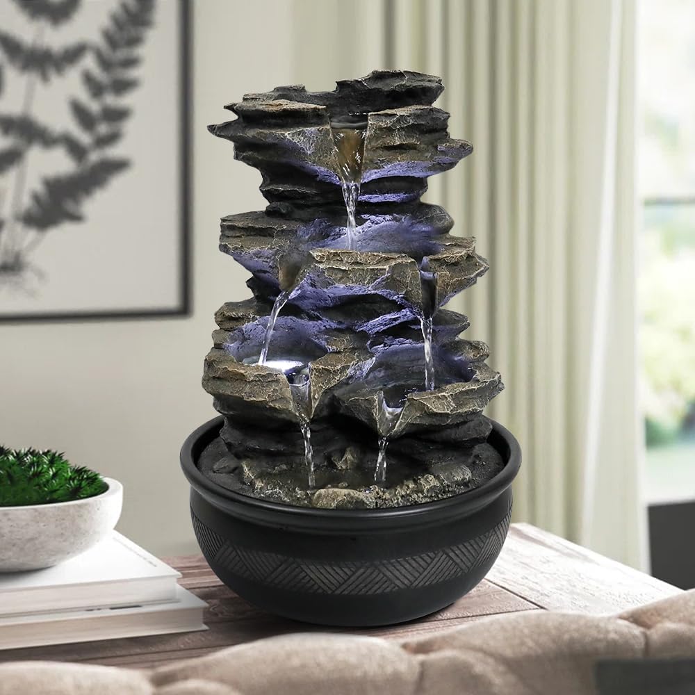15.7" High Rock Cascading Tabletop Fountain, Zen Meditation Indoor Waterfall Feature with LED Light for Home Office Bedroom Relaxation