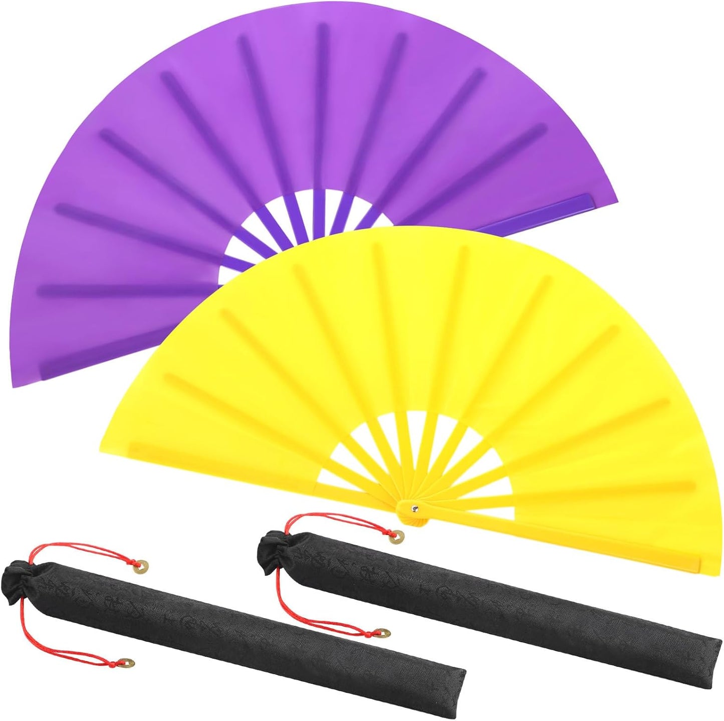Maitys 2 Packs Large Clap Fans for Line Dancing Large Chinese Folding Hand Fans for Men and Women, Festival, Tai Ji, Kungfu, Martial Art, Gifts (Purple and Yellow)