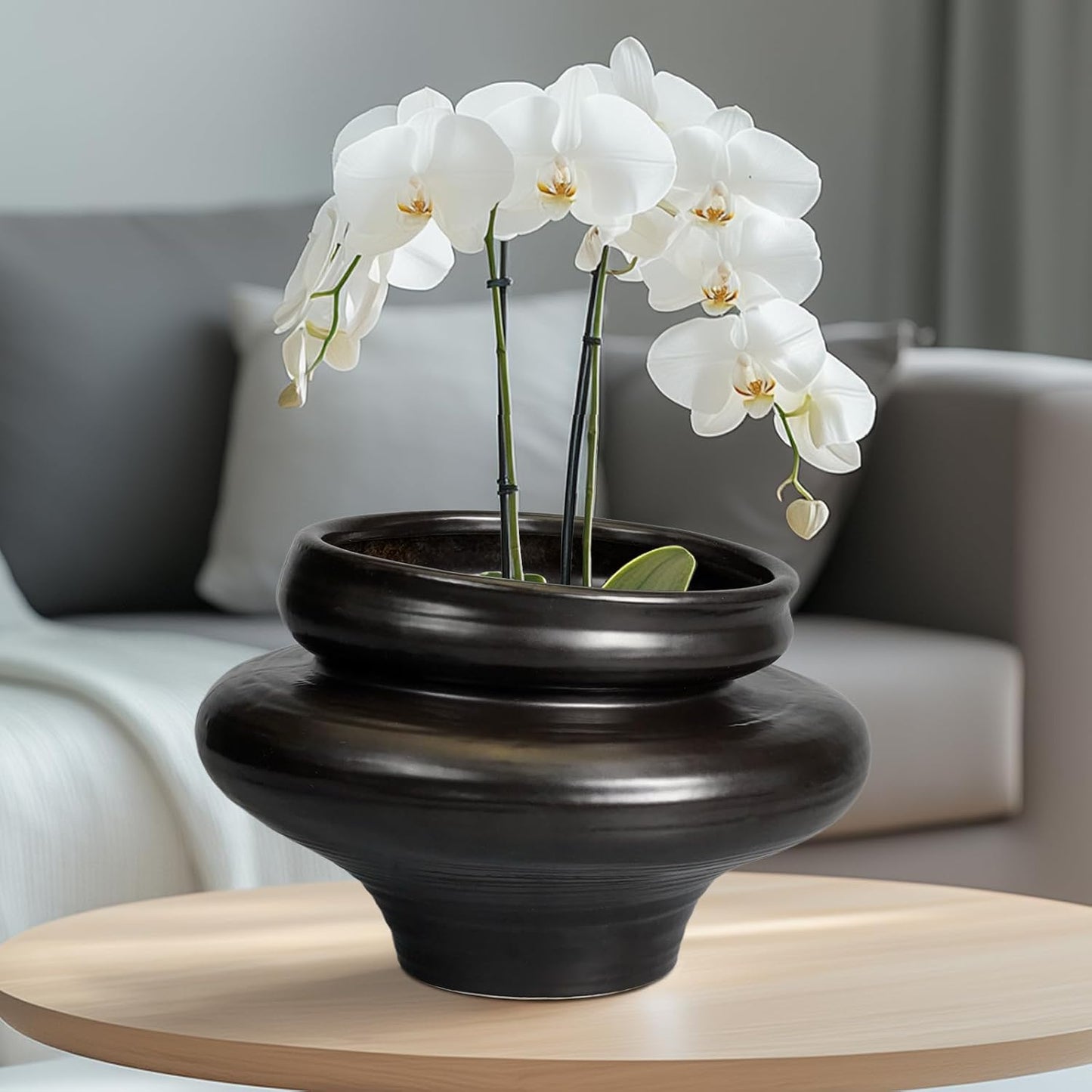 Ceramic Pots for Plants 11 Inch - Bonsai Planter for Outdoor Plants, Black Planter with Drainage Hole, Decorative Plant Pots for Home Decor, Gift for Women Men