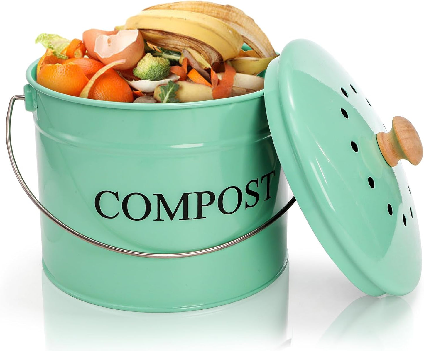 AVLA Kitchen Compost Bin, 1 Gallon Countertop Food Waste Container, Odorless Composter Bucket with Lid and Charcoal Filter, Indoor Metal Composting Pail, Mint Green