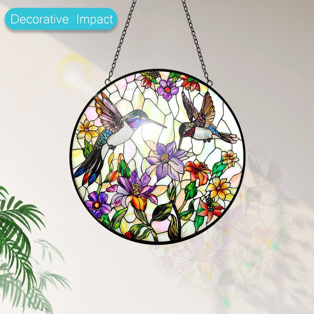 Hummingbird Sun Catcher Stained Glass Window Hanging - Wildflower and Bird Suncatchers for Windows Stained Glass Suncatcher - Sun Catchers Indoor Wall Art Home Decor Gift for Women Mom Bird Lovers
