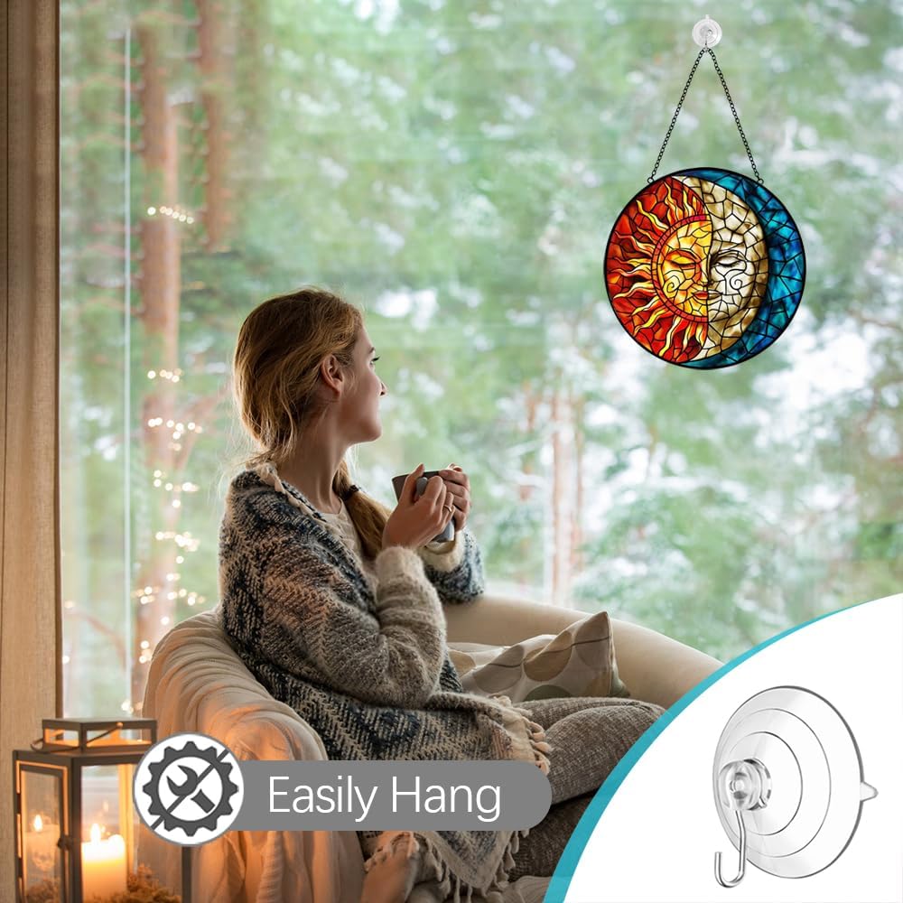 Halloween Decor Sun and Moon Suncatcher Stained Glass Window Hanging Handmade Colorful Suncatchers for Windows Hanging Celestial Sun Catchers Indoor Wall Decor Christmas Decorations for Home Garden