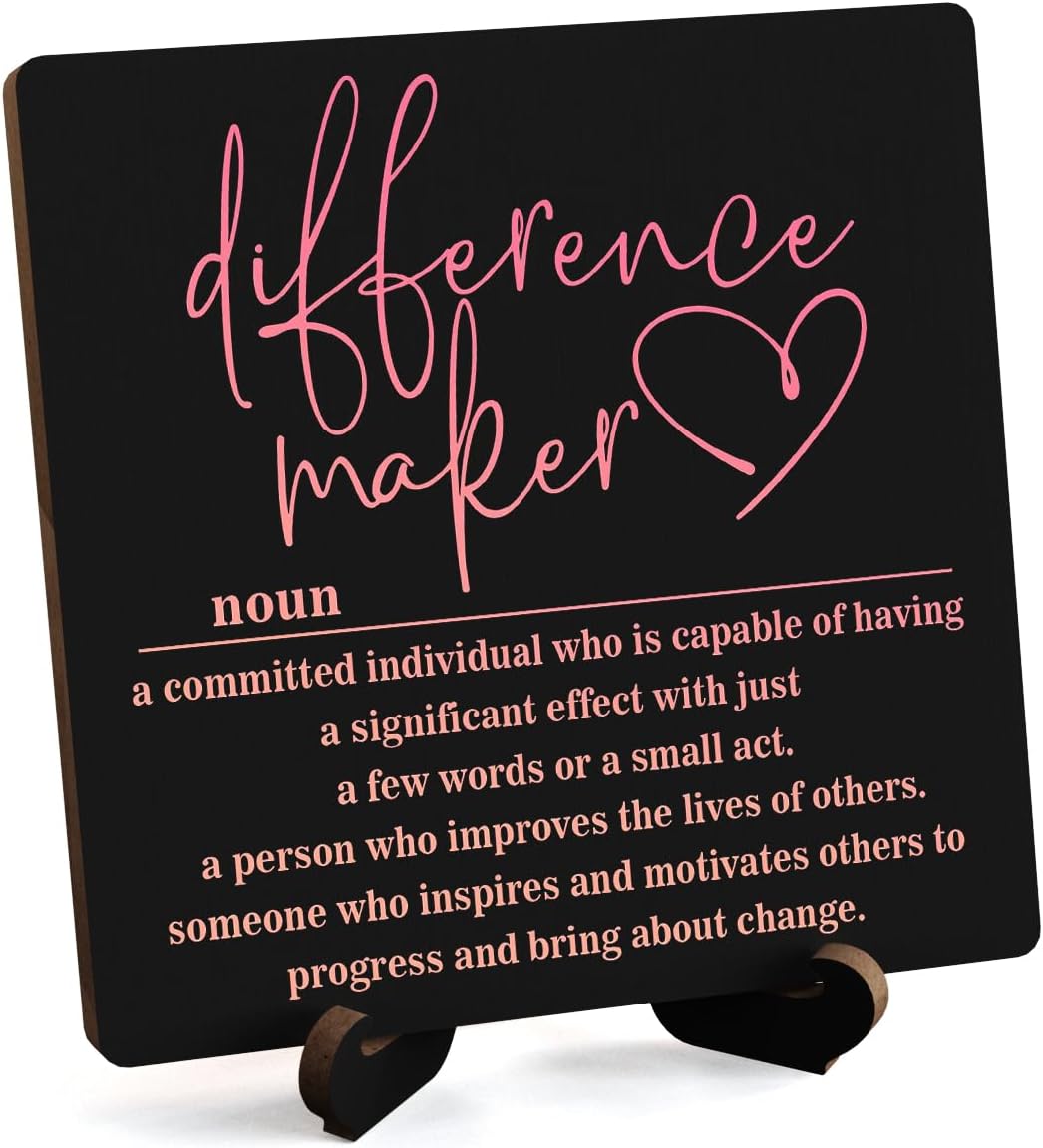 Wooden Table Sign Office Decor Difference Maker Definition Desk Decor Wood Plaque With Stand Thank You Gifts for Boss Women Best Mom Coworker Teacher Office Desk Accessories(Black)-C02