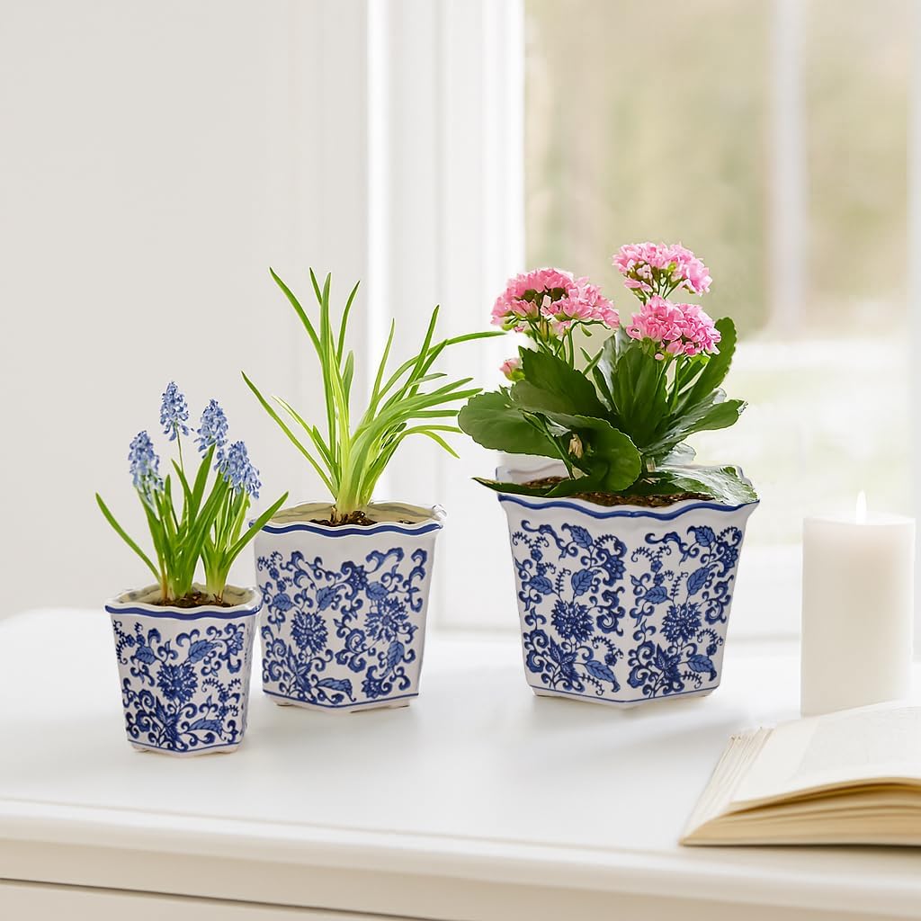 Home Decor Flower Pots and Planters – Intricate Pots with Floral Pattern for Indoor and Outdoor Plants - Vintage Plant Pots Great for Garden, Patio, or Room Decor Set of 3 – 9", 8", 7" Blue & White
